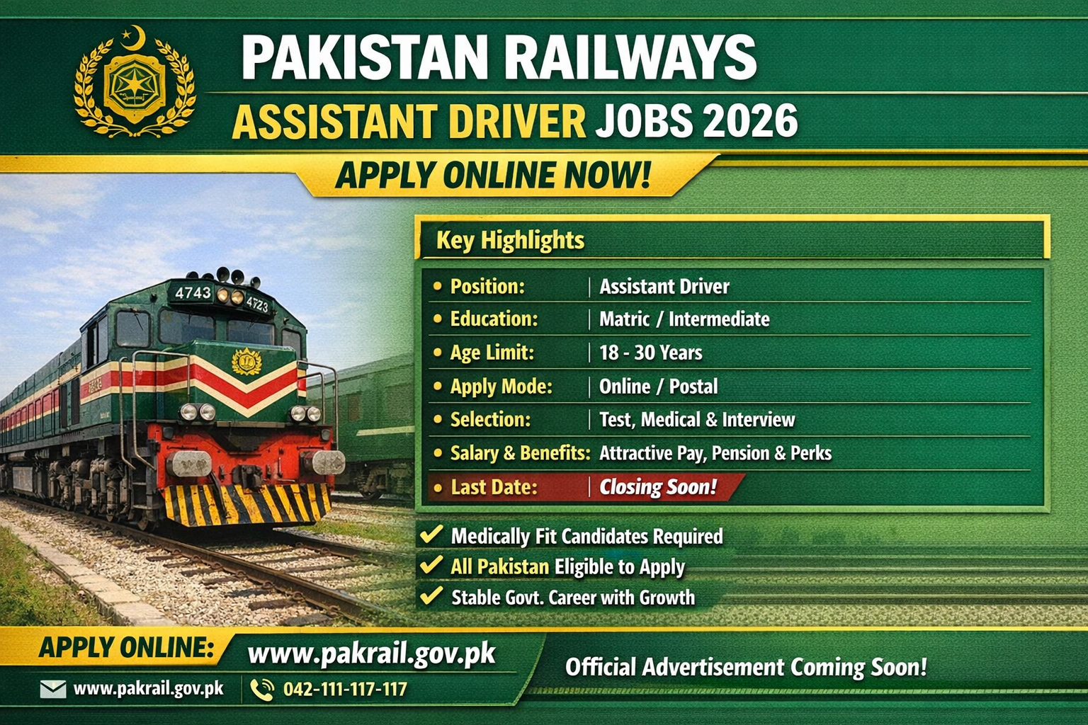 Assistant Driver Railway Jobs Advertisement