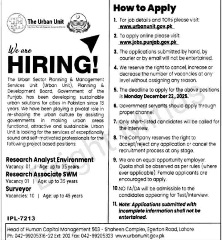 Punjab Urban Unit Jobs advertisement 