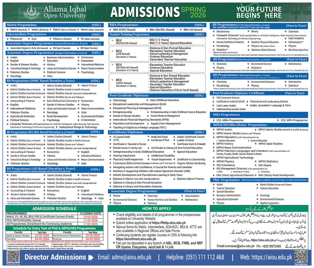 Allama Iqbal Open University Admission Spring Announced